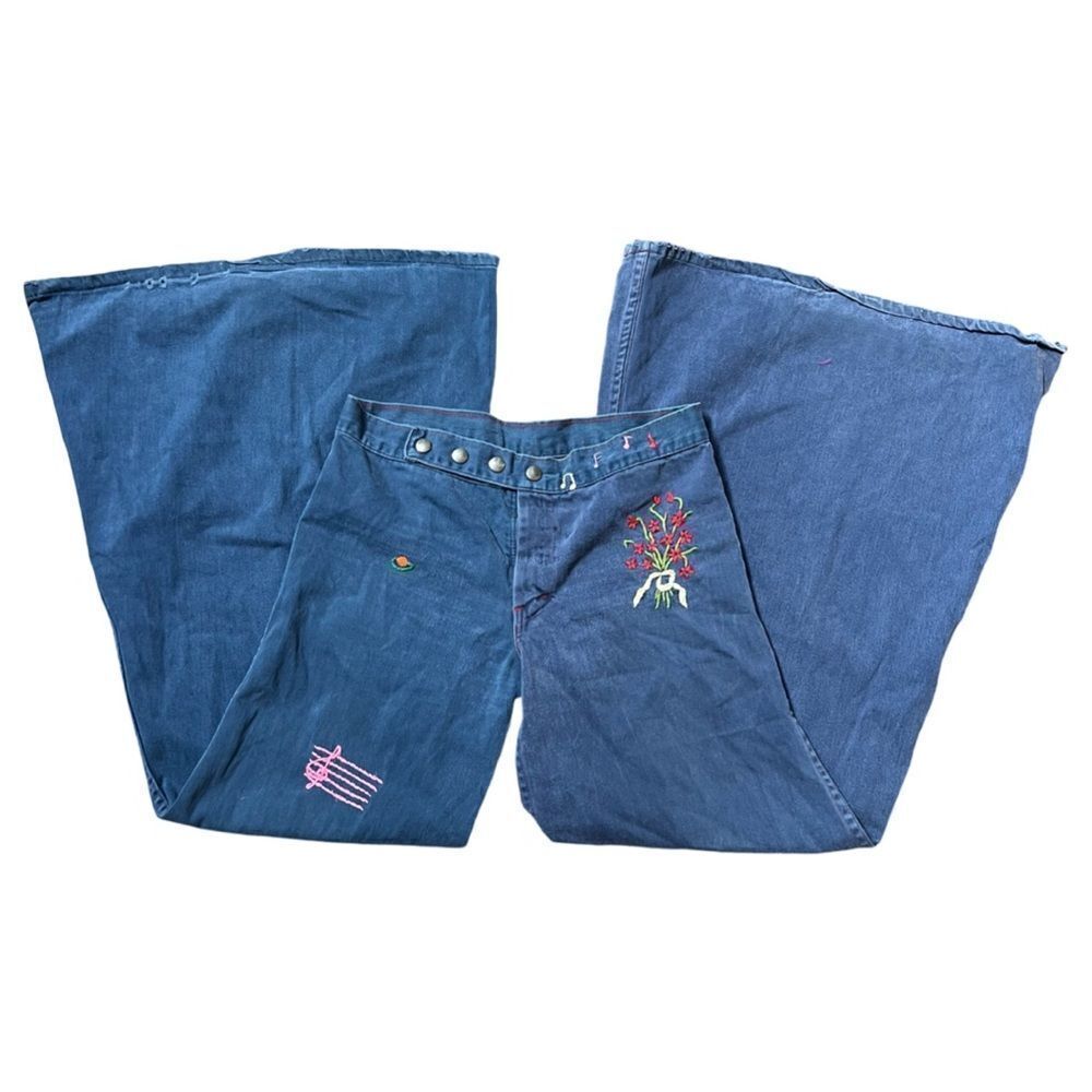 Vintage 1970s One of a Kind Hand Embroidered Extreme Flare Bell Bottom Pants - Picture 6 of 10